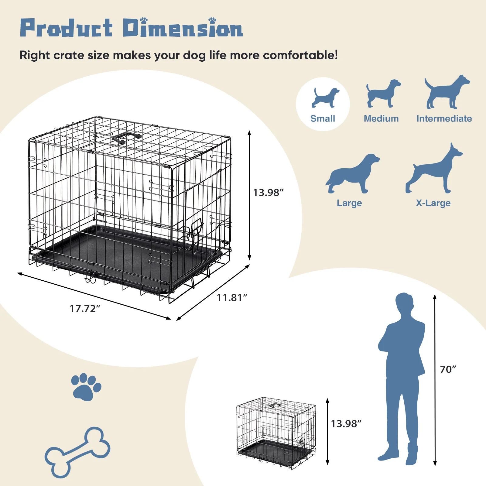 JHK 18 Inch Single Door Dog Crate Metal Pet Kennel with Secure Lock Foldable Removable Tray for Easy Cleaning Portable Puppy Cage for Small Dogs
