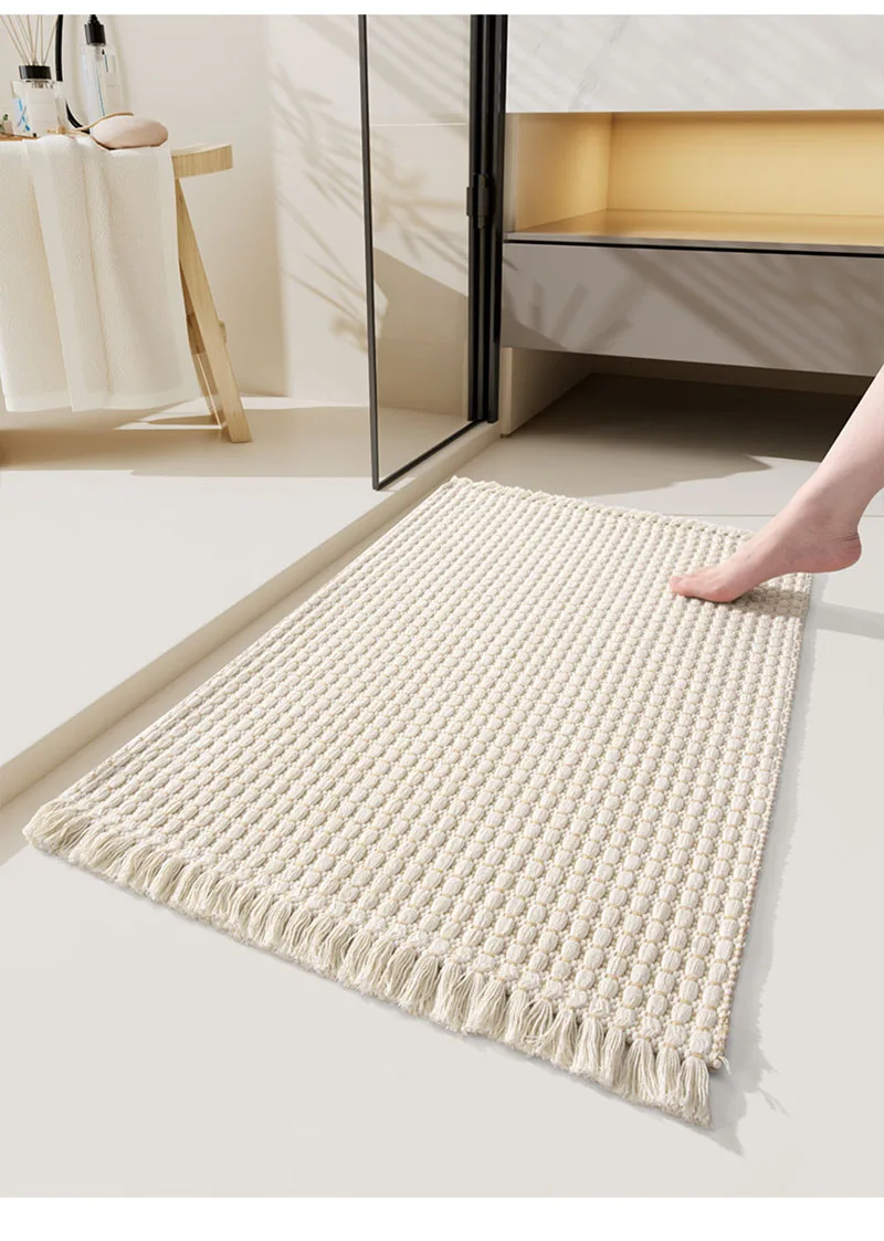 Solid Color Tassel Woven Bathroom Mat European Comfort Non-Slip Mats for Shower Room Dirt-Resistant Home Decor for Floor Hallway