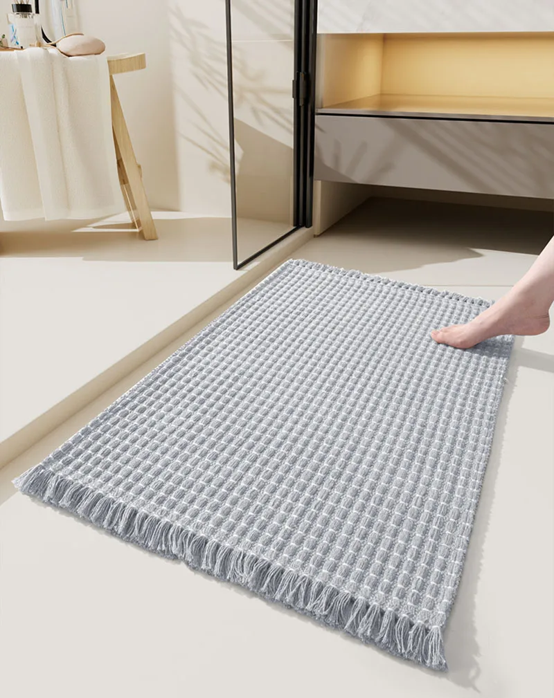 Solid Color Tassel Woven Bathroom Mat European Comfort Non-Slip Mats for Shower Room Dirt-Resistant Home Decor for Floor Hallway