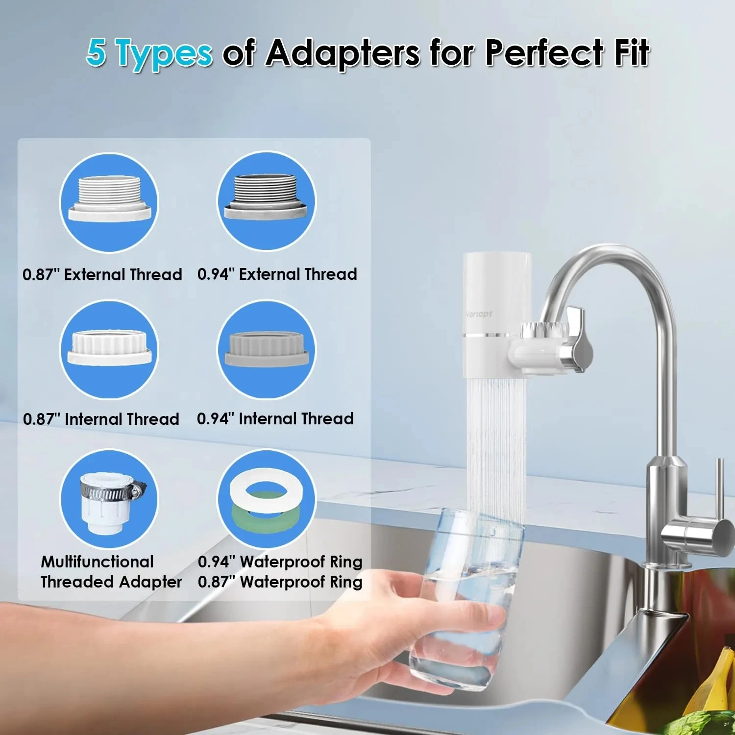 Vortopt Faucet Water Filter NSF Certified Tap Water Purifier T1 with 5 Replacement Cartridges 400 Gallon Kitchen Filtration Kit