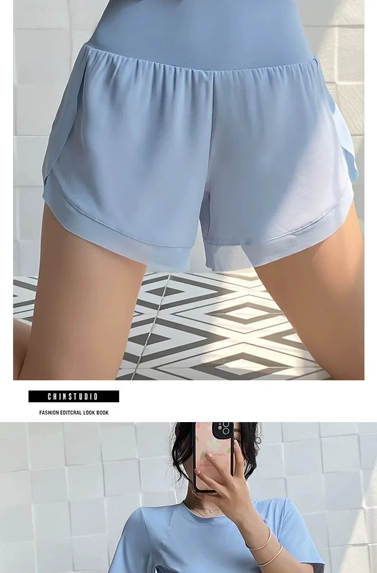 Sports Shorts for Women Fitness Running Yoga Summer Anti-exposure Fake Two-piece Breathable Loose Training Three-point Pants