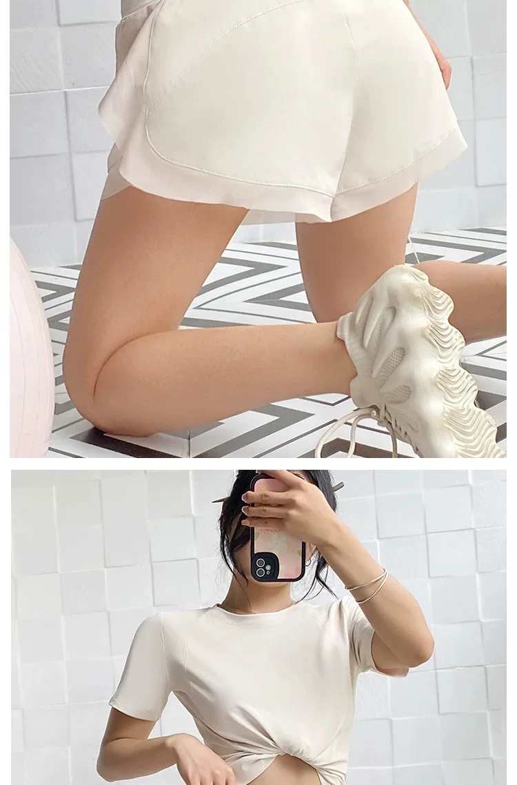 Sports Shorts for Women Fitness Running Yoga Summer Anti-exposure Fake Two-piece Breathable Loose Training Three-point Pants