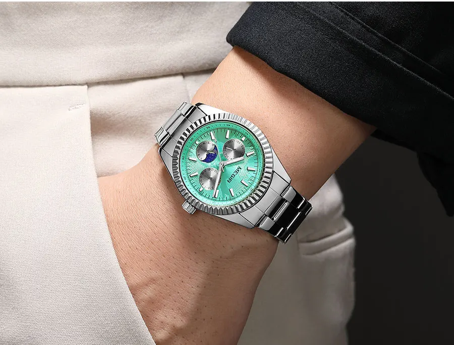 MEGIR Men's Quartz Watch with Stainless Steel Strap Fashion Business Style Wristwatch with Day Date 24-Hour Moon Phase Function