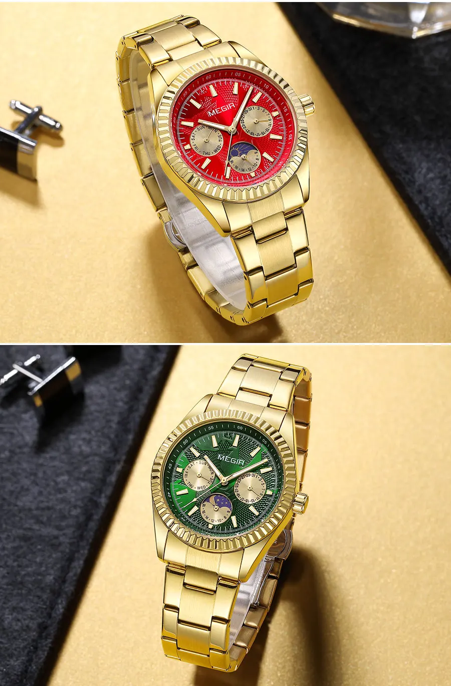 MEGIR Men's Quartz Watch with Stainless Steel Strap Fashion Business Style Wristwatch with Day Date 24-Hour Moon Phase Function