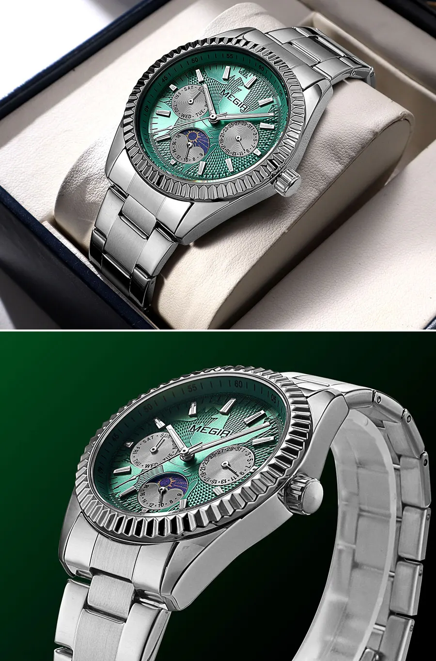 MEGIR Men's Quartz Watch with Stainless Steel Strap Fashion Business Style Wristwatch with Day Date 24-Hour Moon Phase Function