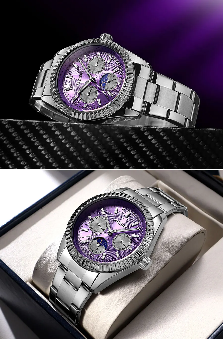 MEGIR Men's Quartz Watch with Stainless Steel Strap Fashion Business Style Wristwatch with Day Date 24-Hour Moon Phase Function