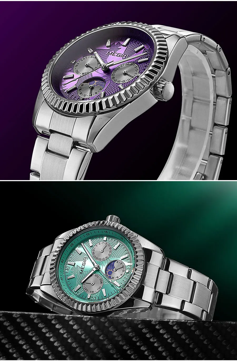 MEGIR Men's Quartz Watch with Stainless Steel Strap Fashion Business Style Wristwatch with Day Date 24-Hour Moon Phase Function