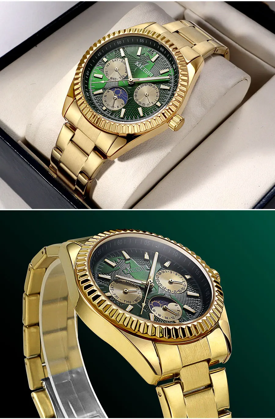 MEGIR Men's Quartz Watch with Stainless Steel Strap Fashion Business Style Wristwatch with Day Date 24-Hour Moon Phase Function