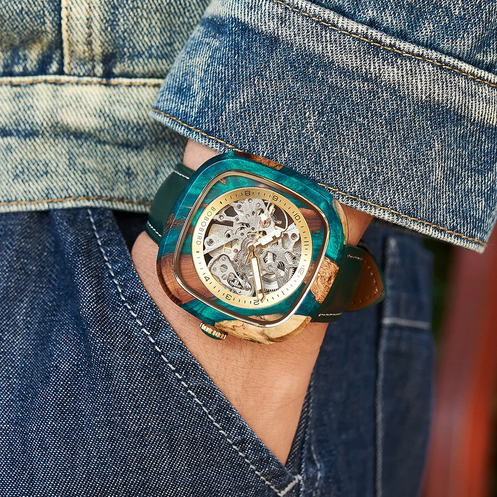 Personalized Men's Mechanical BOBO BIRD Resin Wooden Wristwatch Customized Name Logo Gift for Boyfriend Support Dropshipping