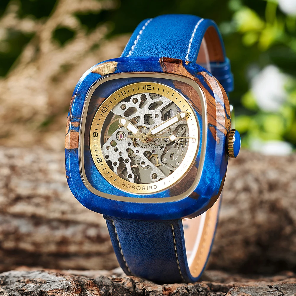 Personalized Men's Mechanical BOBO BIRD Resin Wooden Wristwatch Customized Name Logo Gift for Boyfriend Support Dropshipping