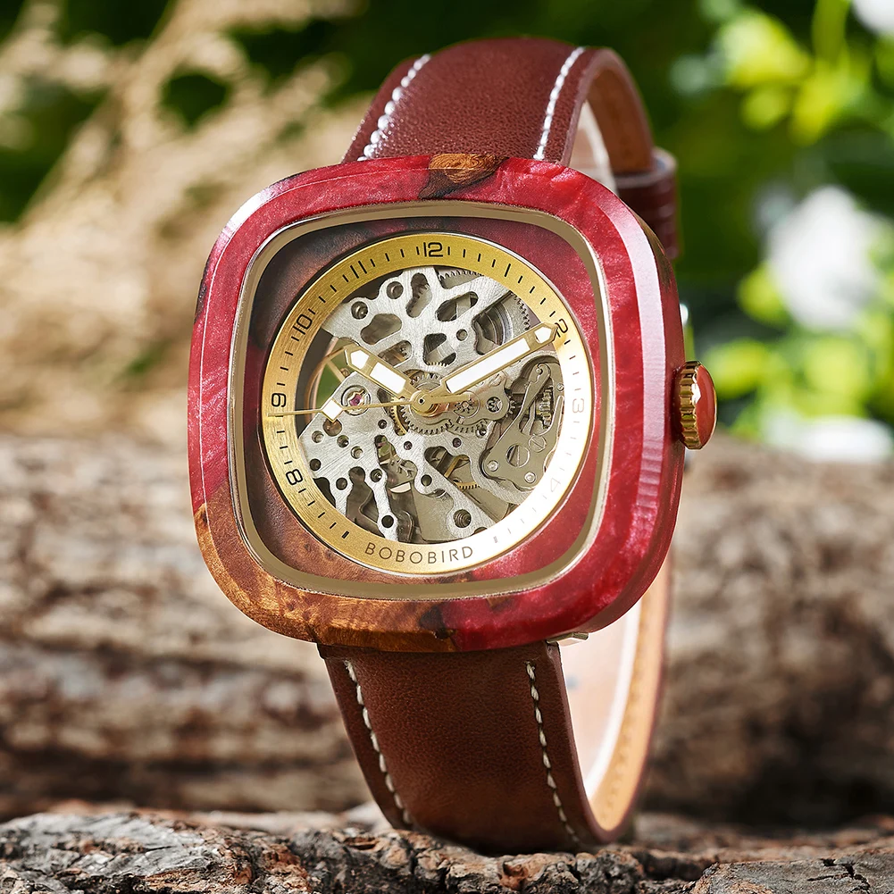 Personalized Men's Mechanical BOBO BIRD Resin Wooden Wristwatch Customized Name Logo Gift for Boyfriend Support Dropshipping