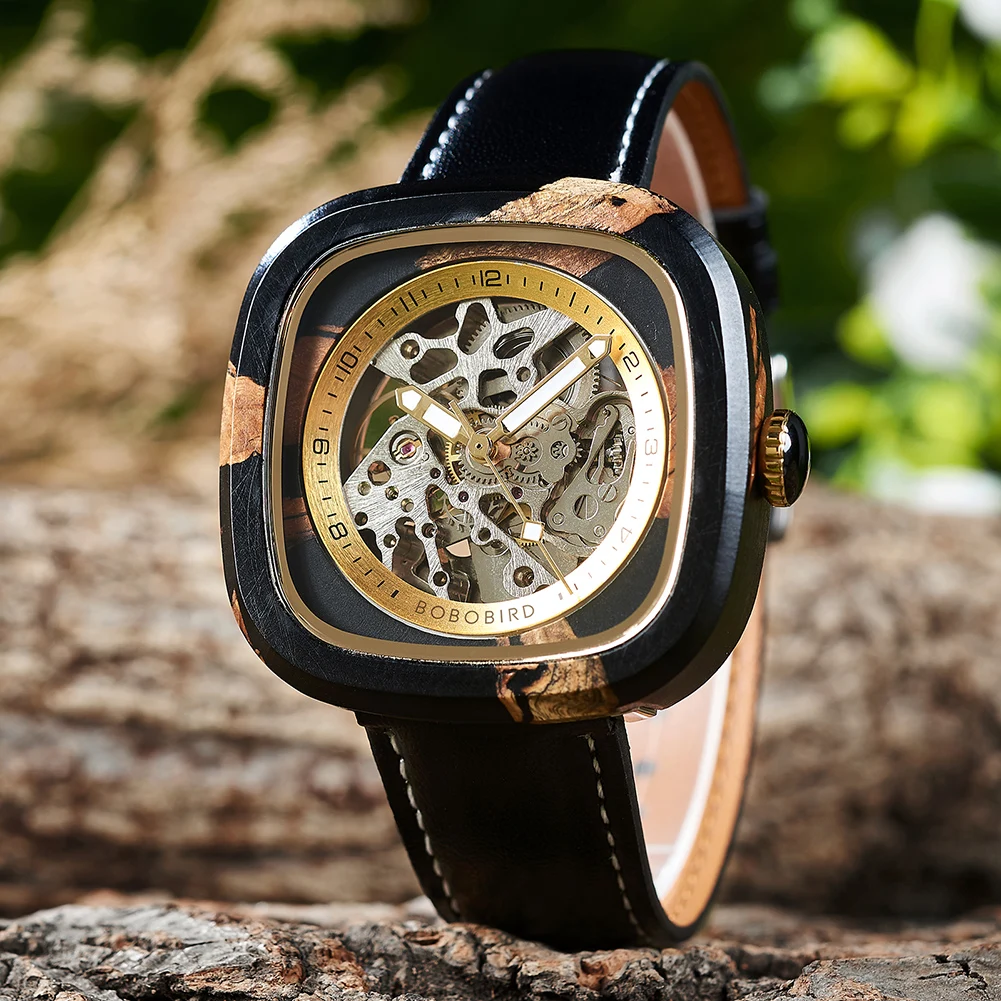 Personalized Men's Mechanical BOBO BIRD Resin Wooden Wristwatch Customized Name Logo Gift for Boyfriend Support Dropshipping