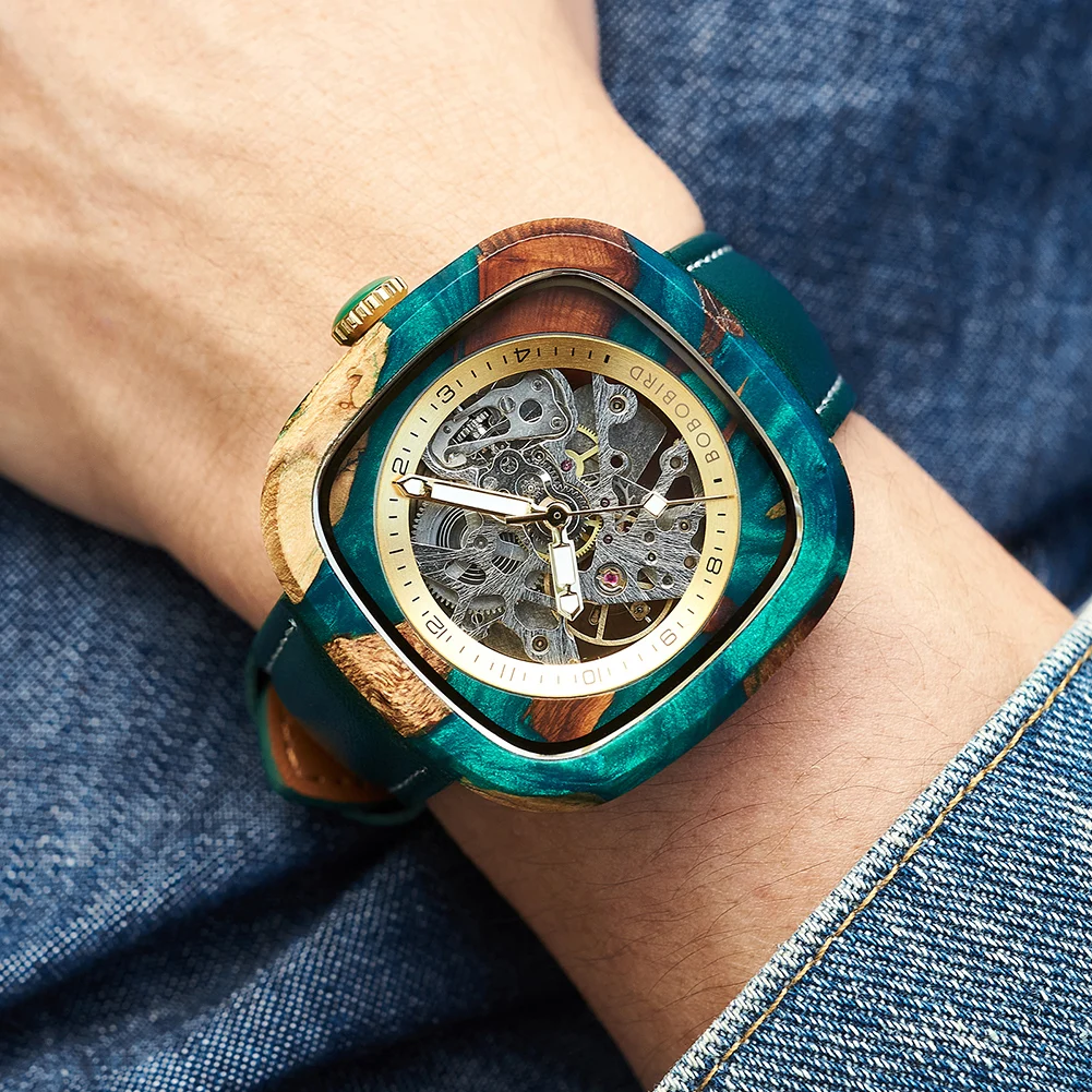 Personalized Men's Mechanical BOBO BIRD Resin Wooden Wristwatch Customized Name Logo Gift for Boyfriend Support Dropshipping