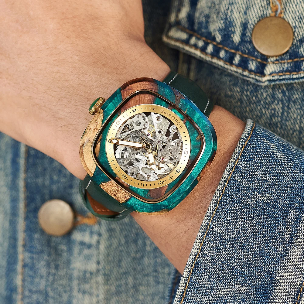 Personalized Men's Mechanical BOBO BIRD Resin Wooden Wristwatch Customized Name Logo Gift for Boyfriend Support Dropshipping