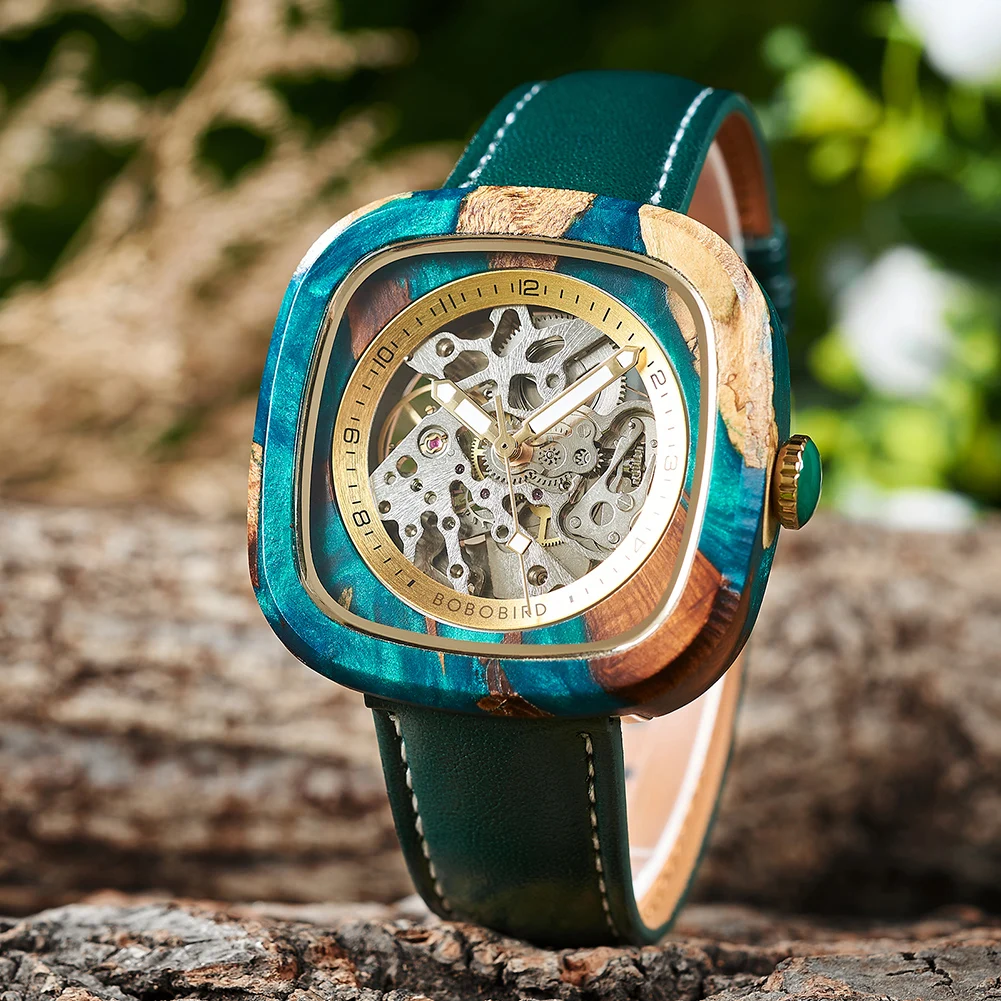 Personalized Men's Mechanical BOBO BIRD Resin Wooden Wristwatch Customized Name Logo Gift for Boyfriend Support Dropshipping
