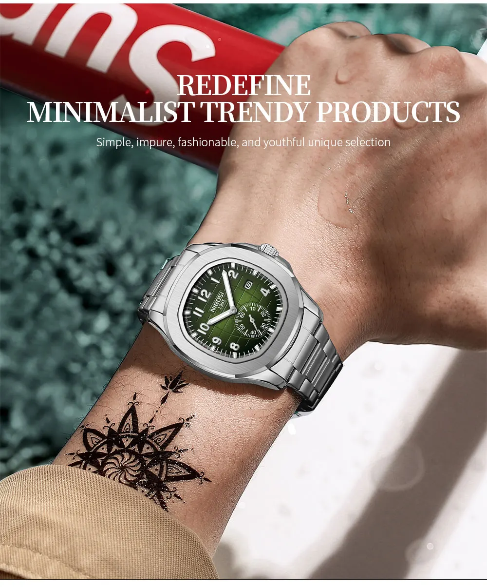 NIBOSI Luxury Square Man Watch Date Waterproof Luminous Men Wristwatch Stainless Steel Men's Quartz Watches Relojos Masculino