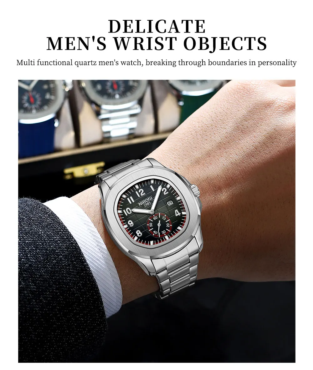 NIBOSI Luxury Square Man Watch Date Waterproof Luminous Men Wristwatch Stainless Steel Men's Quartz Watches Relojos Masculino