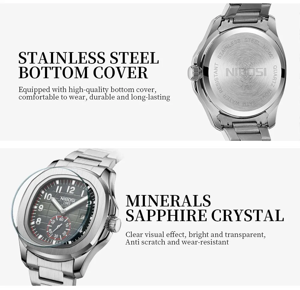 NIBOSI Luxury Square Man Watch Date Waterproof Luminous Men Wristwatch Stainless Steel Men's Quartz Watches Relojos Masculino
