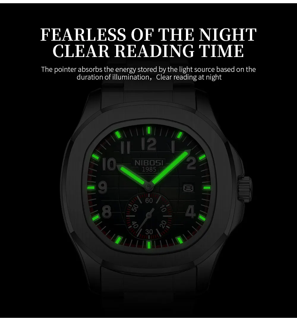 NIBOSI Luxury Square Man Watch Date Waterproof Luminous Men Wristwatch Stainless Steel Men's Quartz Watches Relojos Masculino