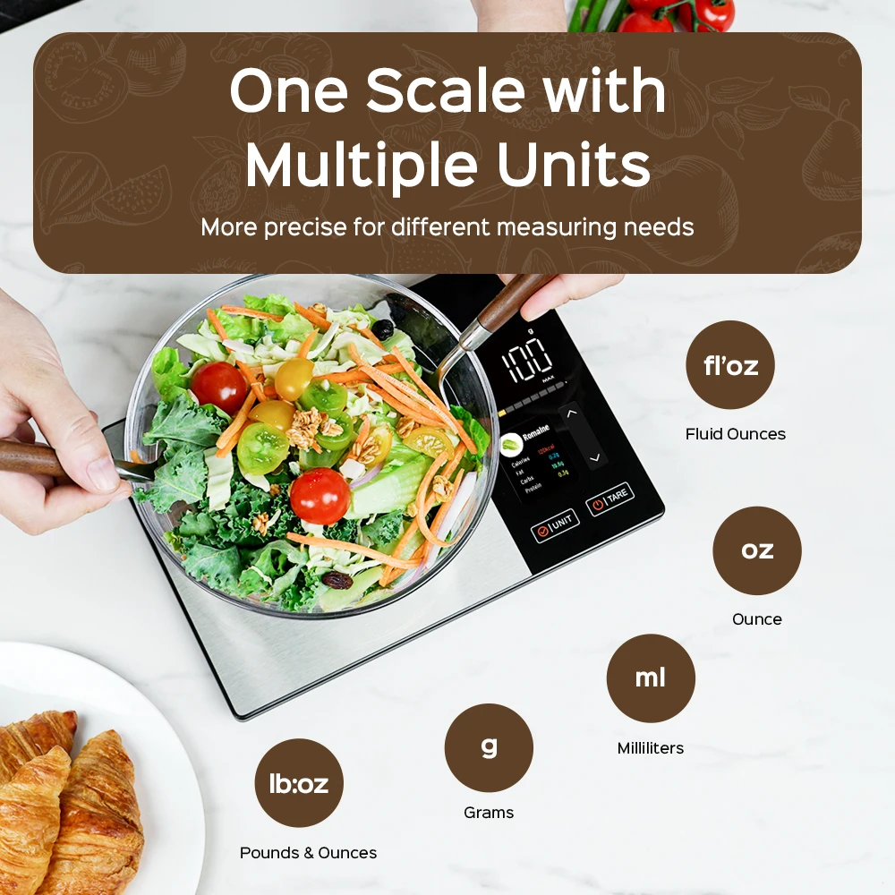 Smart Kitchen Scale Stainless Steel Food Calorie Protein Fat Carbs Nutritional Calculator 11LB/5kg Weight for Healthy Cooking