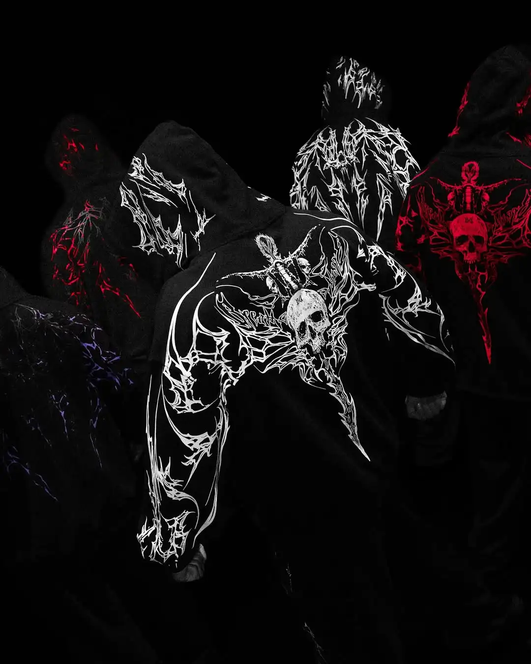 Mens Gothic Style Black Zip Up Hoodie White Skull Pattern Print Design Loose Fit Long Sleeve Casual Streetwear Hooded Sweatshirt