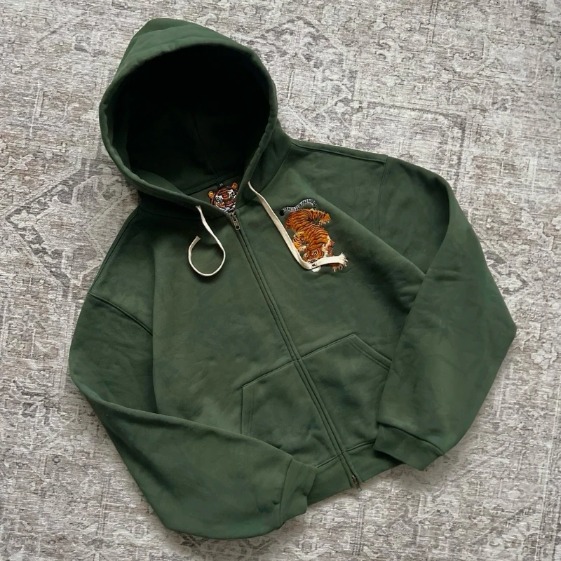 Y2K Tiger Claw Embroidery Vintage Double Zipper Loose Hoodie Sweatshirt for Men and Women Harajuku Trendy Casual Street Style