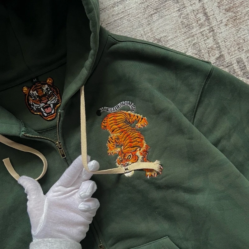 Y2K Tiger Claw Embroidery Vintage Double Zipper Loose Hoodie Sweatshirt for Men and Women Harajuku Trendy Casual Street Style