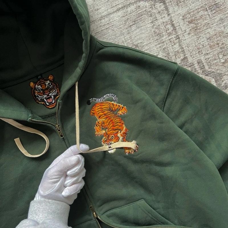 Y2K Tiger Claw Embroidery Vintage Double Zipper Loose Hoodie Sweatshirt for Men and Women Harajuku Trendy Casual Street Style