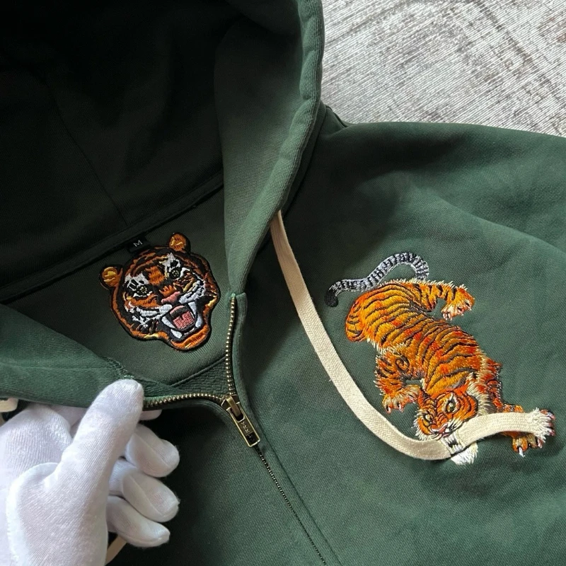 Y2K Tiger Claw Embroidery Vintage Double Zipper Loose Hoodie Sweatshirt for Men and Women Harajuku Trendy Casual Street Style