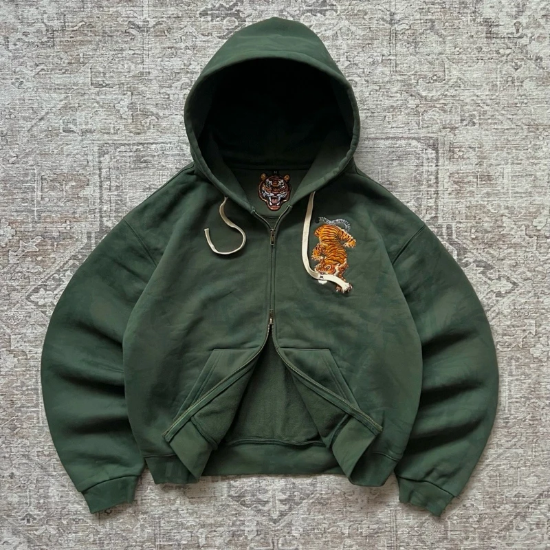 Y2K Tiger Claw Embroidery Vintage Double Zipper Loose Hoodie Sweatshirt for Men and Women Harajuku Trendy Casual Street Style