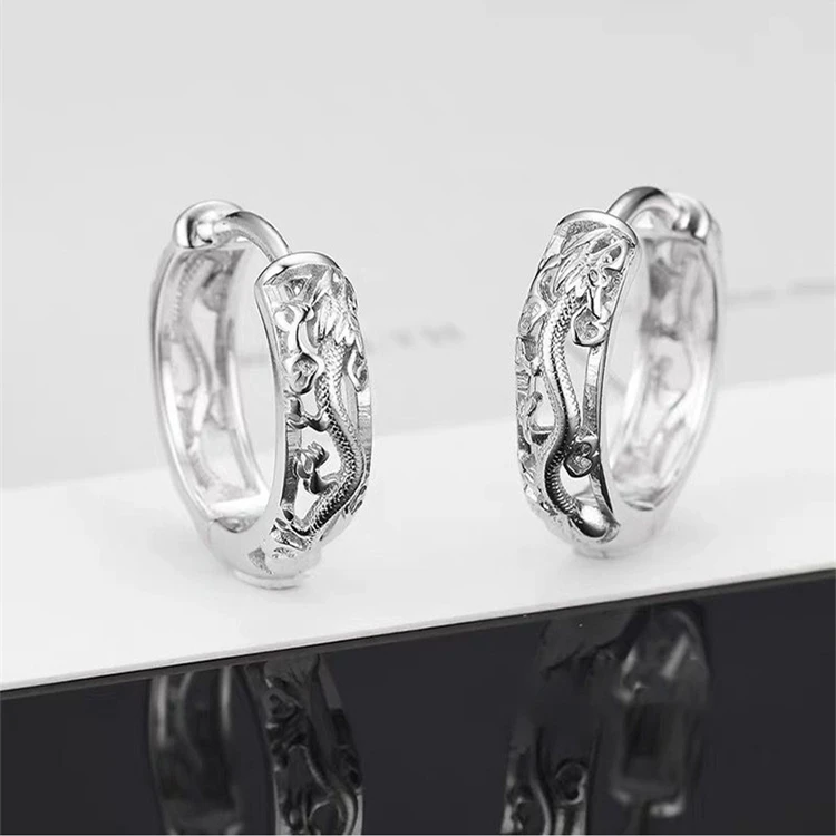 KOFSAC New Vintage Punk Creative Hollow Black Gold Dragon Hoops Jewelry 925 Sterling Silver Earrings For Men Party Accessories