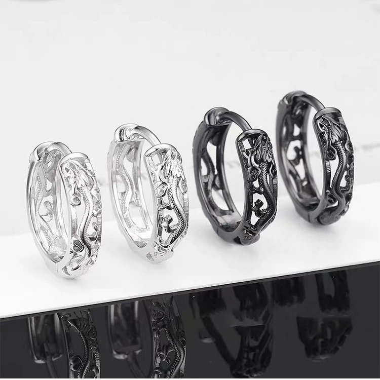 KOFSAC New Vintage Punk Creative Hollow Black Gold Dragon Hoops Jewelry 925 Sterling Silver Earrings For Men Party Accessories