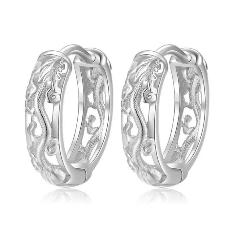 KOFSAC New Vintage Punk Creative Hollow Black Gold Dragon Hoops Jewelry 925 Sterling Silver Earrings For Men Party Accessories