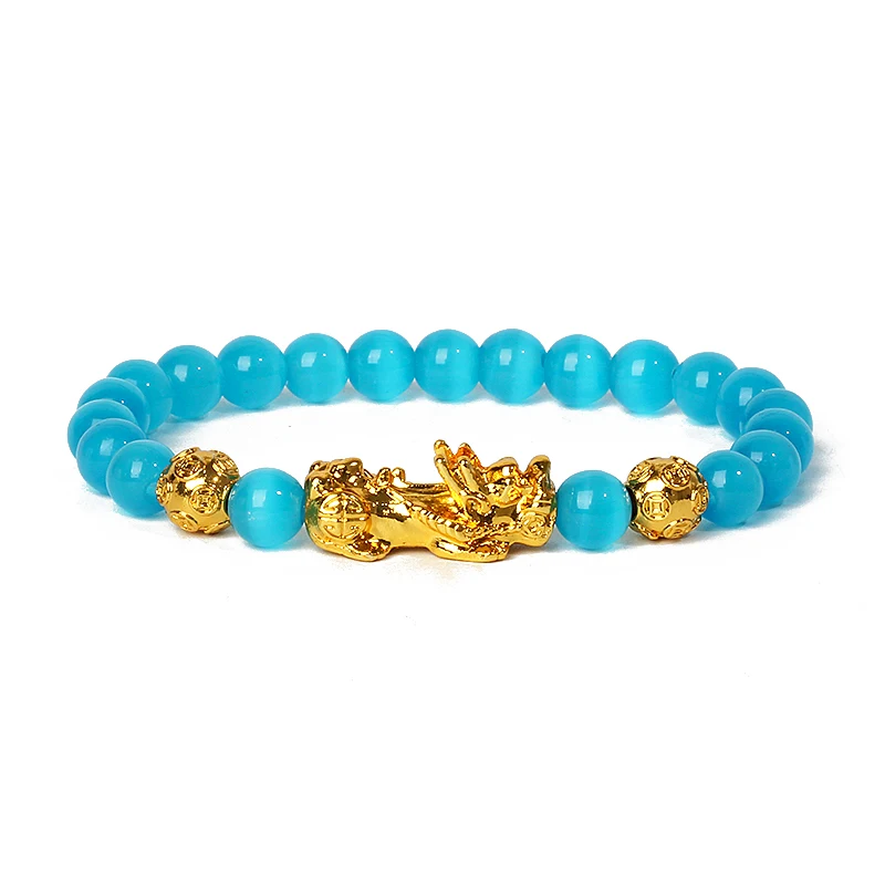 Nature Stone Feng Shui Bracelet Men Obsidian Opal Pixiu Wealth Luck Bead Bracelet Gold Color Pi Yao Dragon Charm Elastic Jewelry