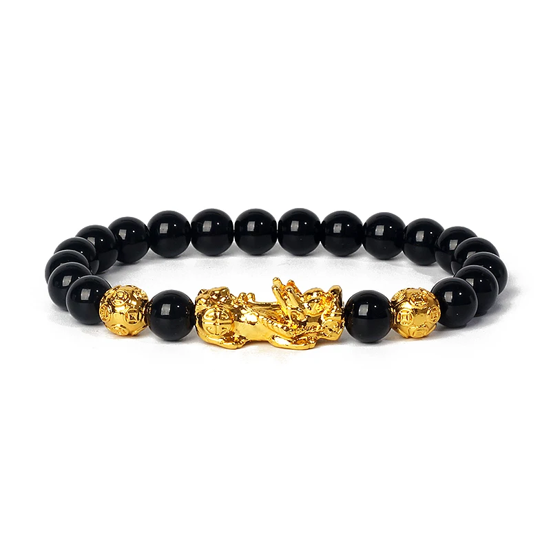 Nature Stone Feng Shui Bracelet Men Obsidian Opal Pixiu Wealth Luck Bead Bracelet Gold Color Pi Yao Dragon Charm Elastic Jewelry
