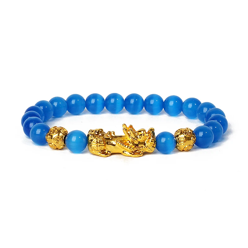 Nature Stone Feng Shui Bracelet Men Obsidian Opal Pixiu Wealth Luck Bead Bracelet Gold Color Pi Yao Dragon Charm Elastic Jewelry