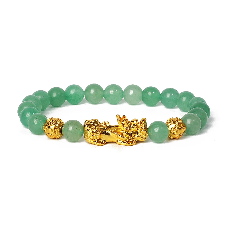 Nature Stone Feng Shui Bracelet Men Obsidian Opal Pixiu Wealth Luck Bead Bracelet Gold Color Pi Yao Dragon Charm Elastic Jewelry