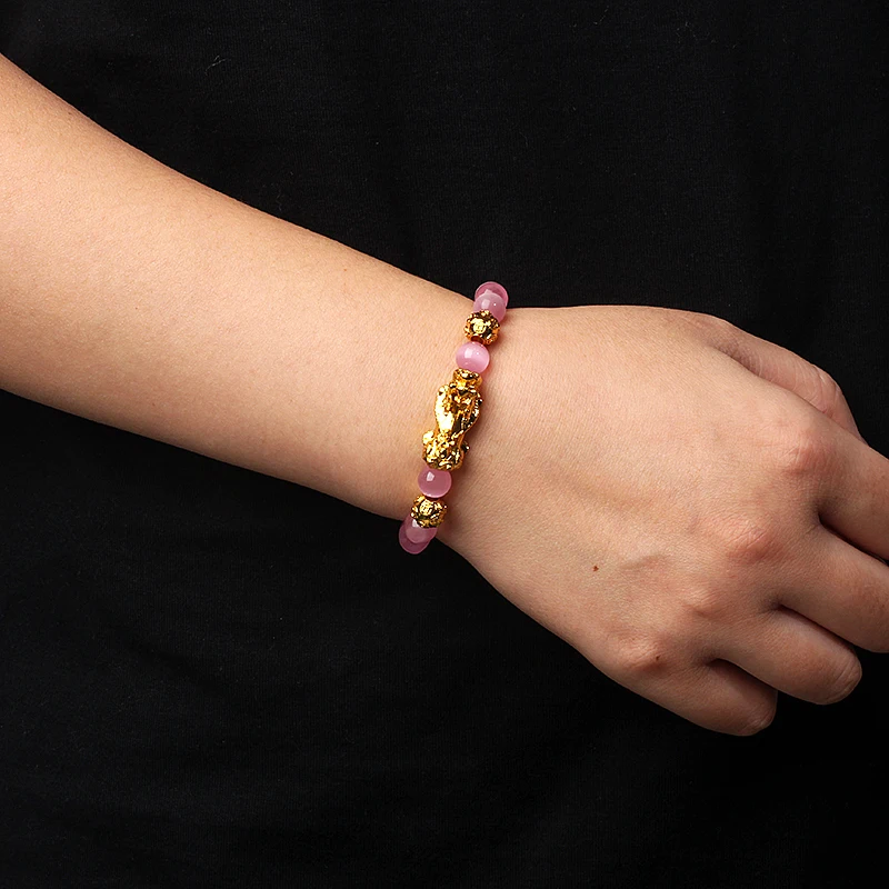 Nature Stone Feng Shui Bracelet Men Obsidian Opal Pixiu Wealth Luck Bead Bracelet Gold Color Pi Yao Dragon Charm Elastic Jewelry