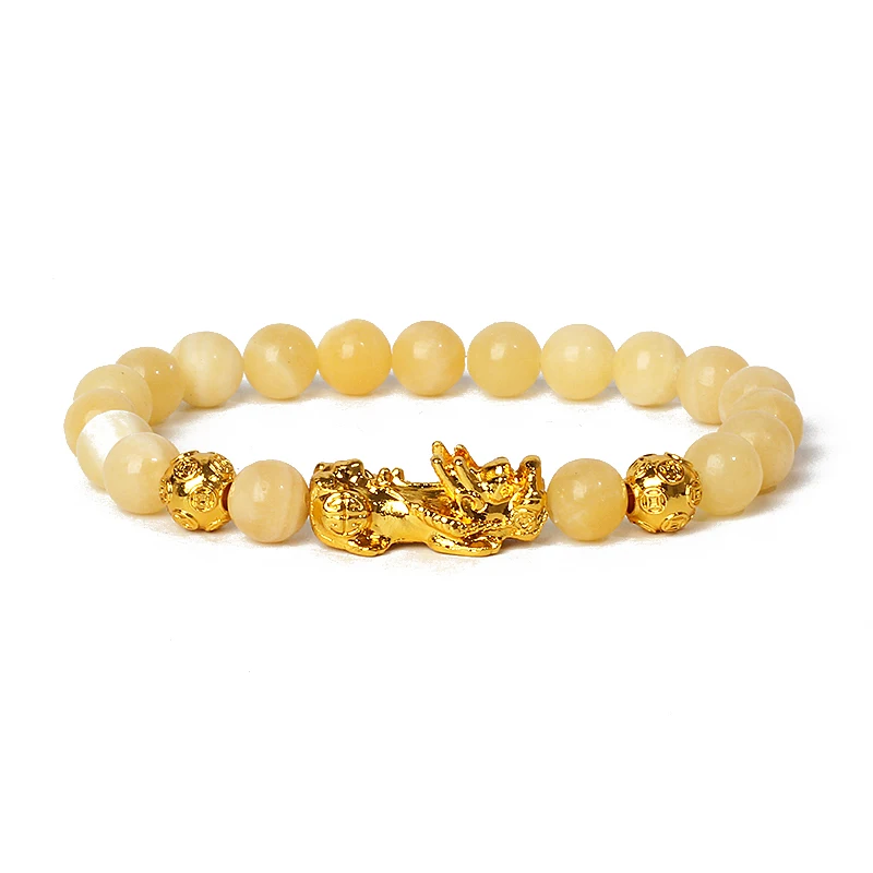 Nature Stone Feng Shui Bracelet Men Obsidian Opal Pixiu Wealth Luck Bead Bracelet Gold Color Pi Yao Dragon Charm Elastic Jewelry