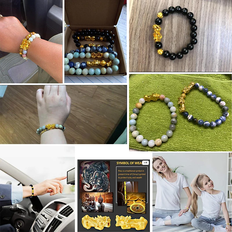 Nature Stone Feng Shui Bracelet Men Obsidian Opal Pixiu Wealth Luck Bead Bracelet Gold Color Pi Yao Dragon Charm Elastic Jewelry