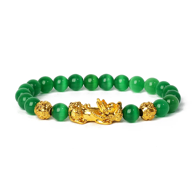 Nature Stone Feng Shui Bracelet Men Obsidian Opal Pixiu Wealth Luck Bead Bracelet Gold Color Pi Yao Dragon Charm Elastic Jewelry