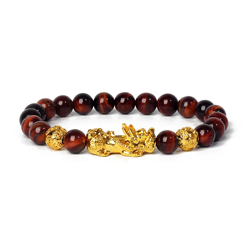 Nature Stone Feng Shui Bracelet Men Obsidian Opal Pixiu Wealth Luck Bead Bracelet Gold Color Pi Yao Dragon Charm Elastic Jewelry
