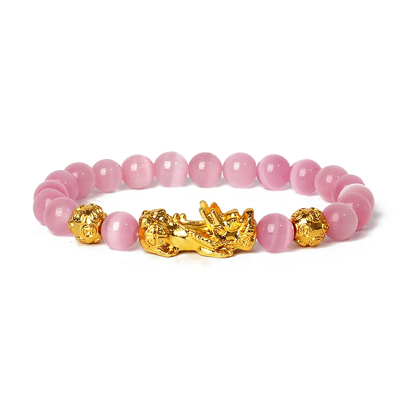 Nature Stone Feng Shui Bracelet Men Obsidian Opal Pixiu Wealth Luck Bead Bracelet Gold Color Pi Yao Dragon Charm Elastic Jewelry