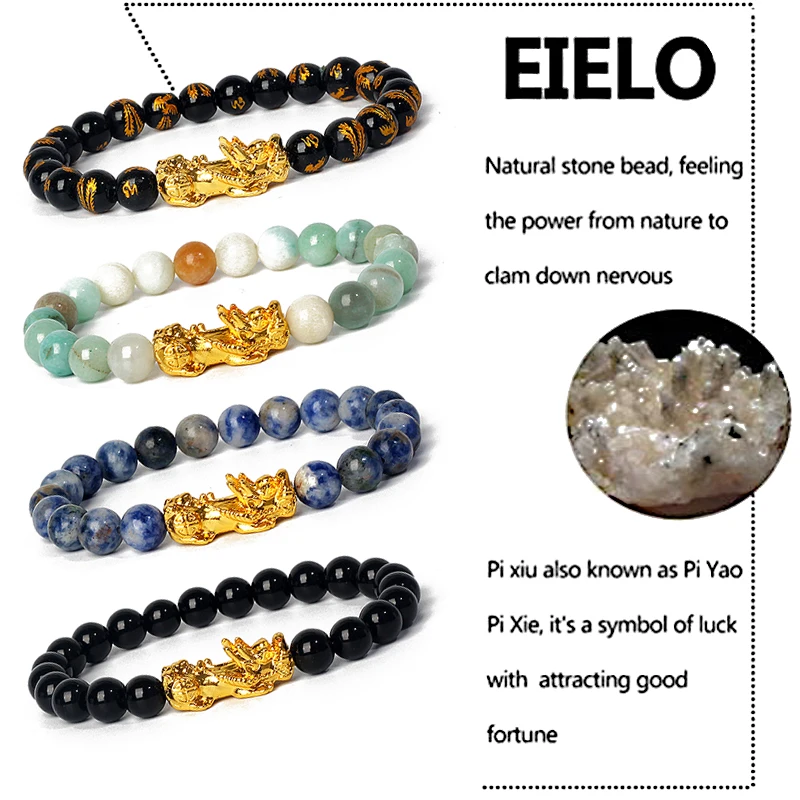 Nature Stone Feng Shui Bracelet Men Obsidian Opal Pixiu Wealth Luck Bead Bracelet Gold Color Pi Yao Dragon Charm Elastic Jewelry