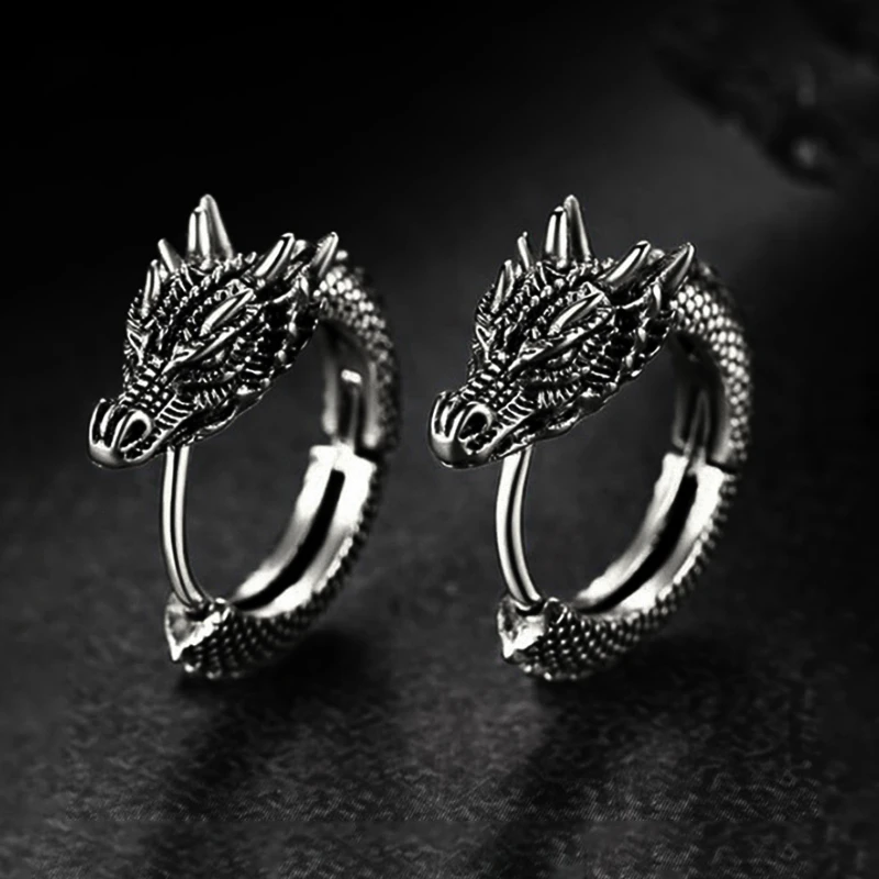 Huitan Personality Chinese Dragon Hoop Earrings for Women/Men Antique Metal Color Hip Hop Cool Guys Loong Earrings Hot Jewelry
