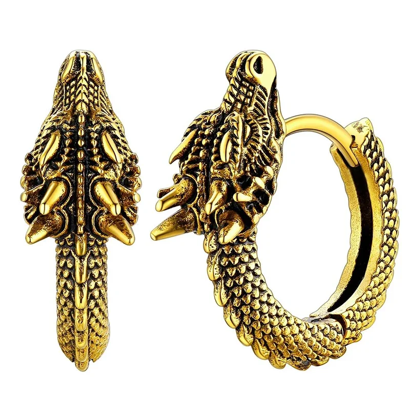Huitan Personality Chinese Dragon Hoop Earrings for Women/Men Antique Metal Color Hip Hop Cool Guys Loong Earrings Hot Jewelry