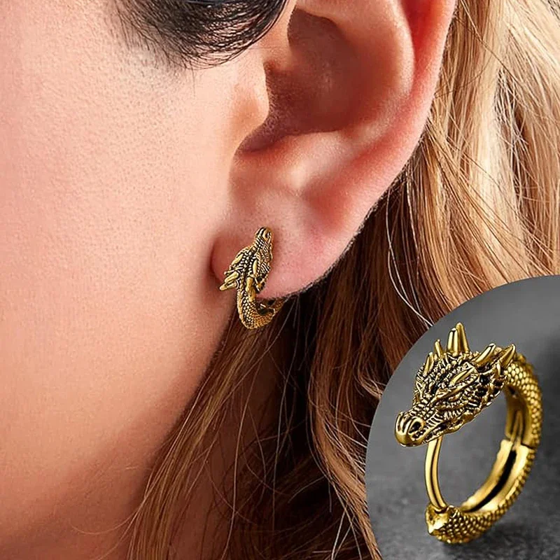 Huitan Personality Chinese Dragon Hoop Earrings for Women/Men Antique Metal Color Hip Hop Cool Guys Loong Earrings Hot Jewelry