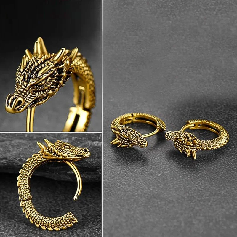 Huitan Personality Chinese Dragon Hoop Earrings for Women/Men Antique Metal Color Hip Hop Cool Guys Loong Earrings Hot Jewelry