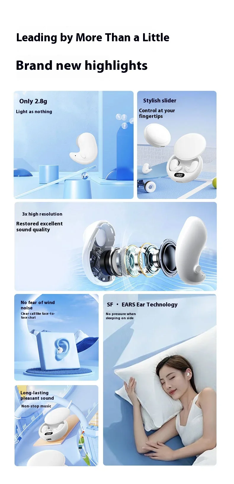 Lenovo Bluetooth Wireless Earphones Small Earbuds Sleeping Sport Invisible Headphones Bass Sound Quality Headset Sliding Cover