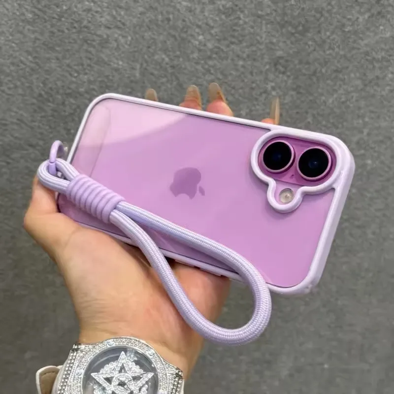 Luxury Candy Color Bumper With Lanyard Phone Case For iPhone 17 16 15 14 13 12 11 Pro Max Plus Clear Acrylic Shockproof Cover